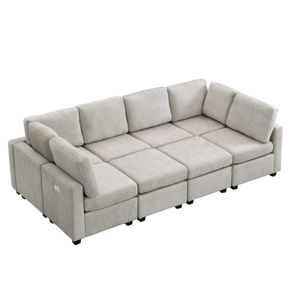 U Shaped Couch, Chenille Sectional Sofa with Ottoman, Grey
