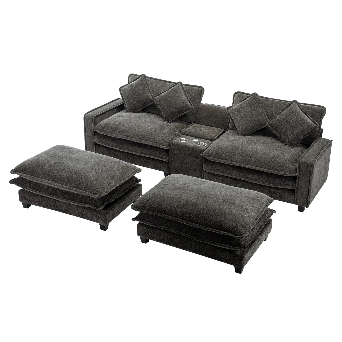 Plush Couch, Deep Seat Couch with Ottomans, Black