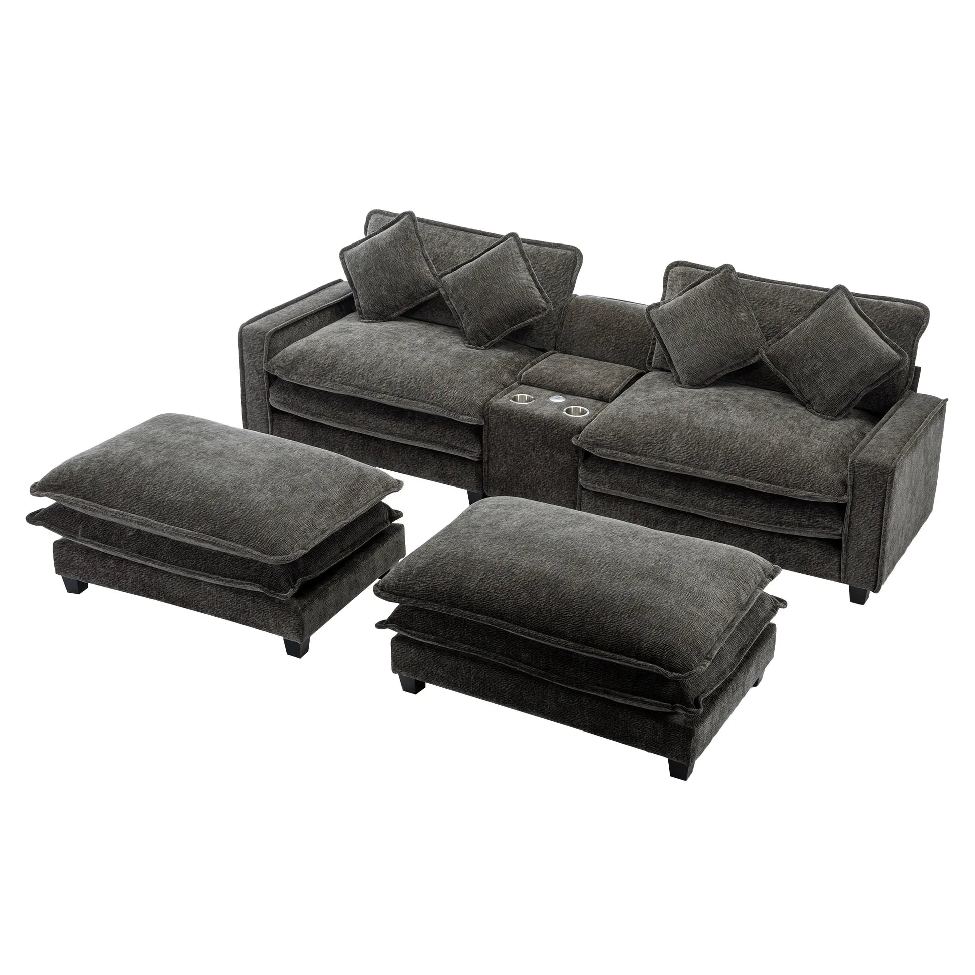 Plush Couch, Deep Seat Couch with Ottomans, Black