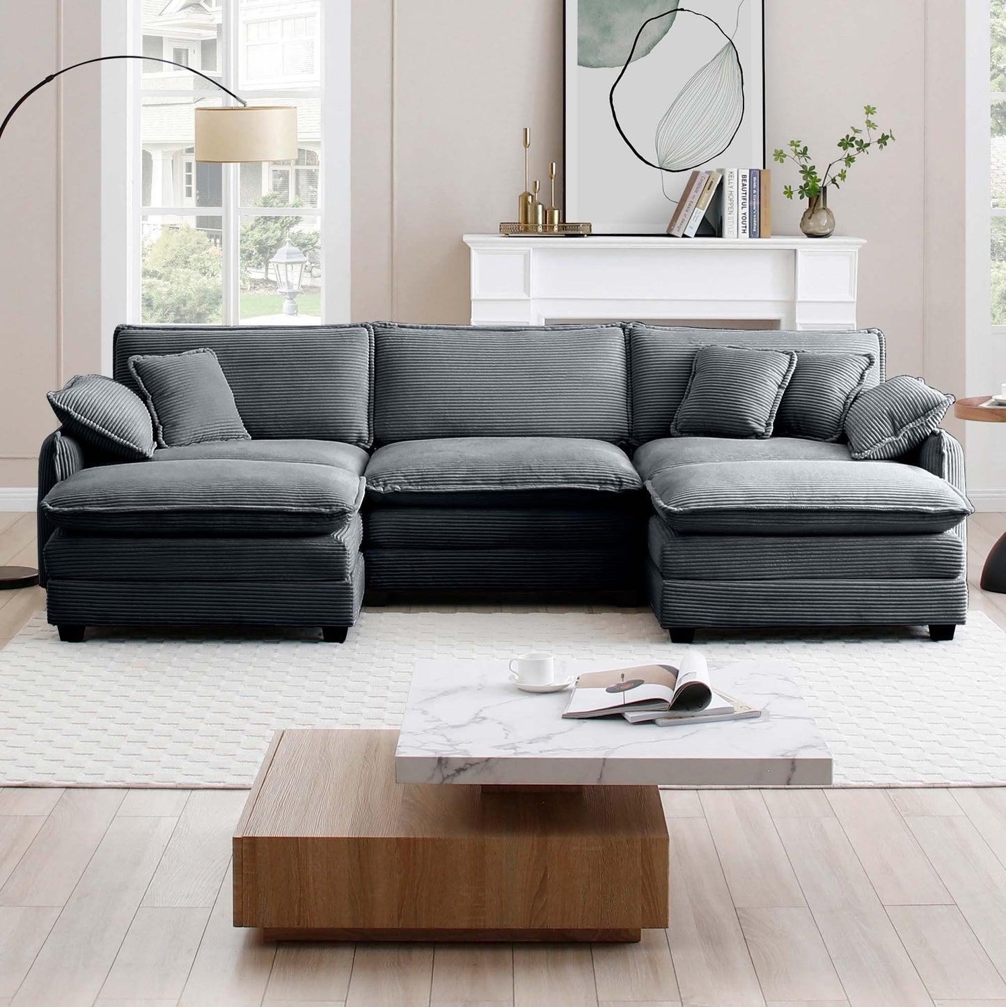U Shape Sectional Cloud Sofa, Plush Corduroy Couch with Ottoman, Grey