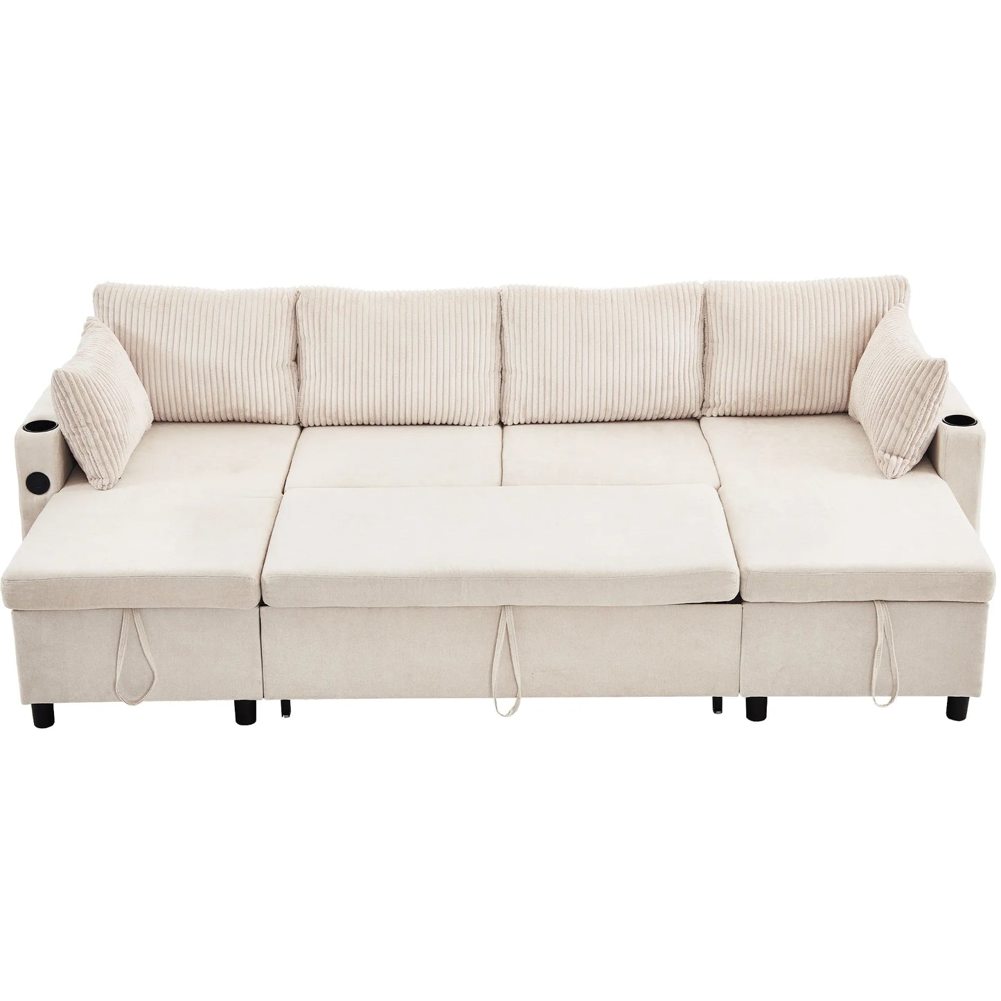 Corduroy Couch with Chaise Sleeper, Sectional Sofa Pull-Out, Beige