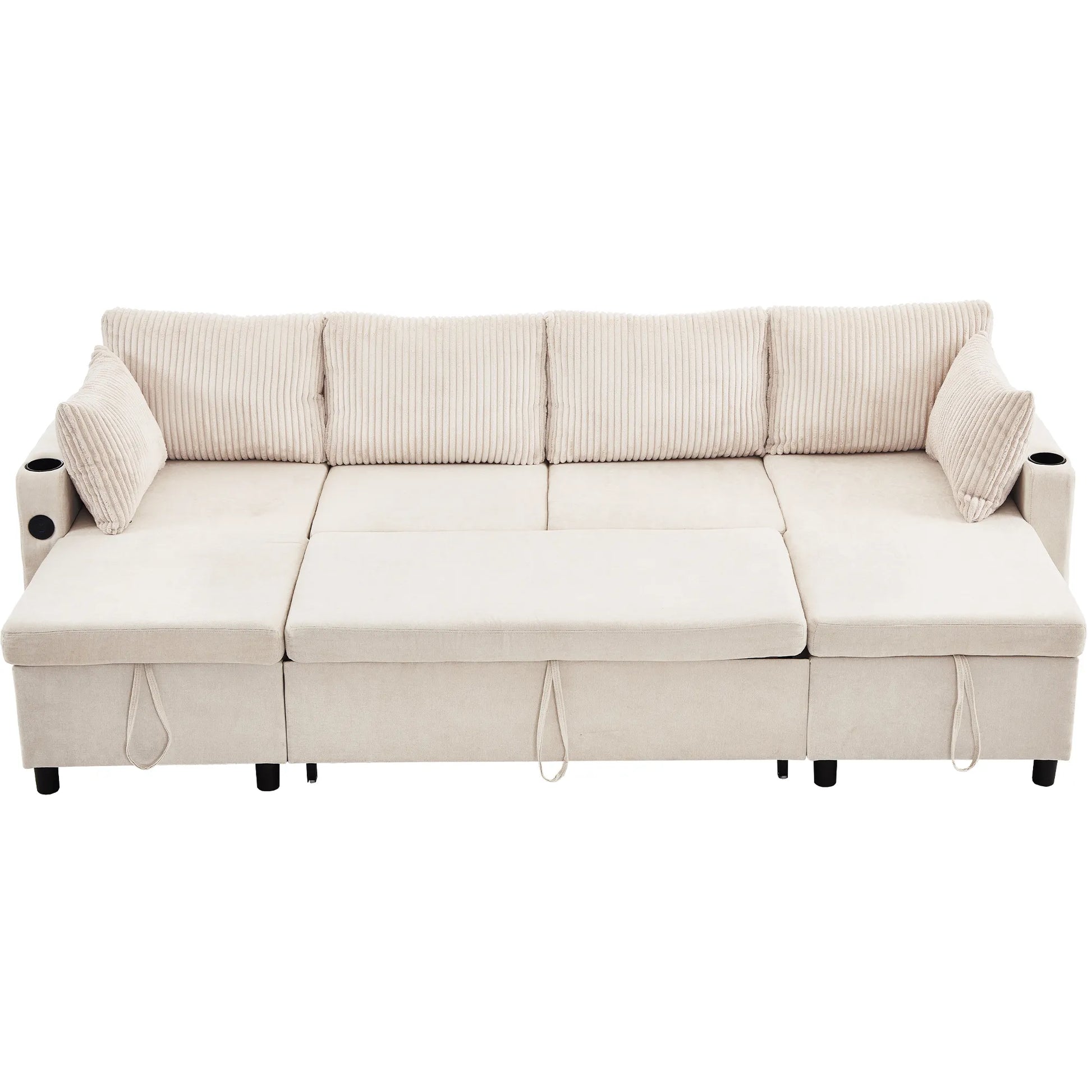 Corduroy Couch with Chaise Sleeper, Sectional Sofa Pull-Out, Beige