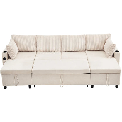 Corduroy Couch with Chaise Sleeper, Sectional Sofa Pull-Out, Beige