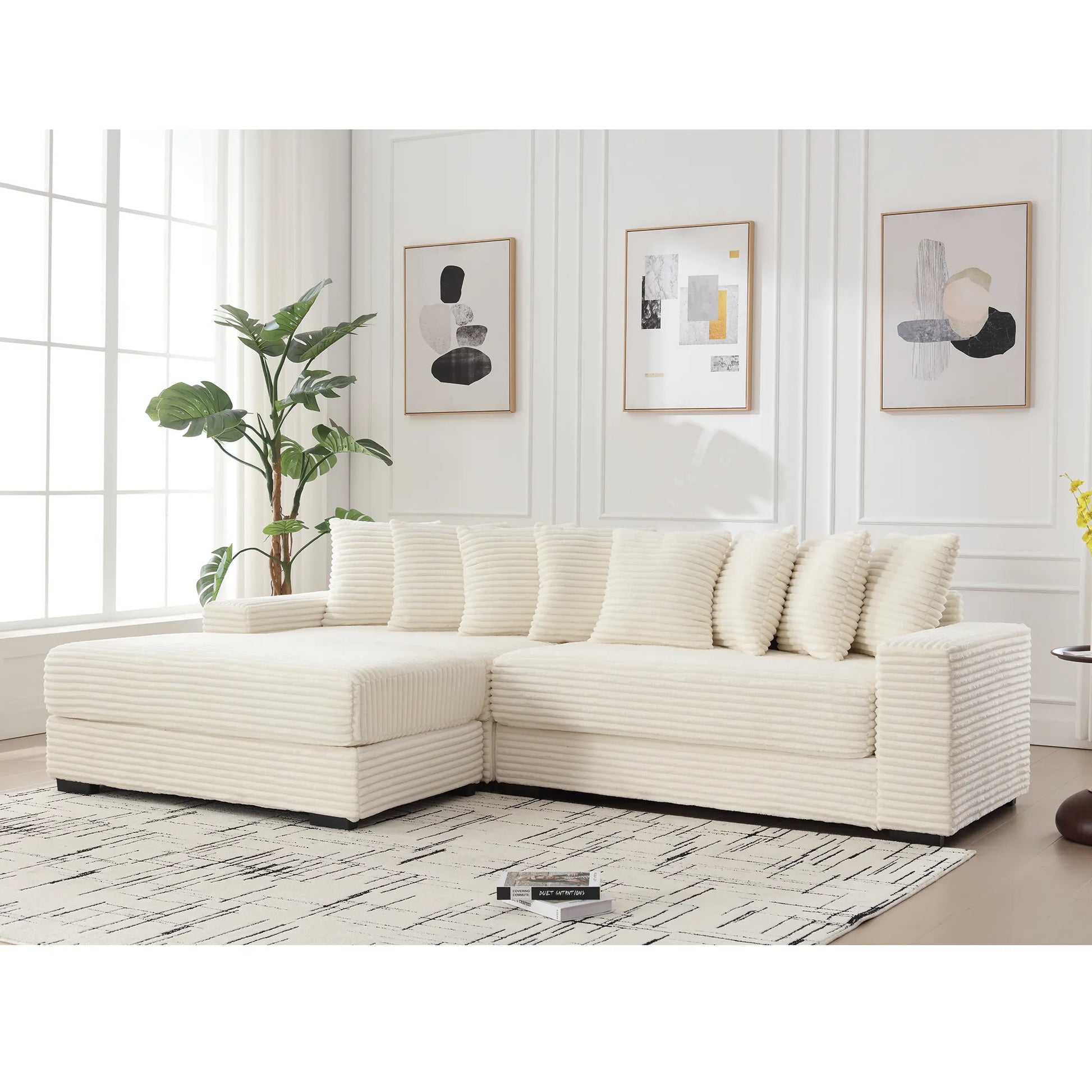 L Shaped Corduroy Couch, Plush Chaise Lounge Sofa, Beige