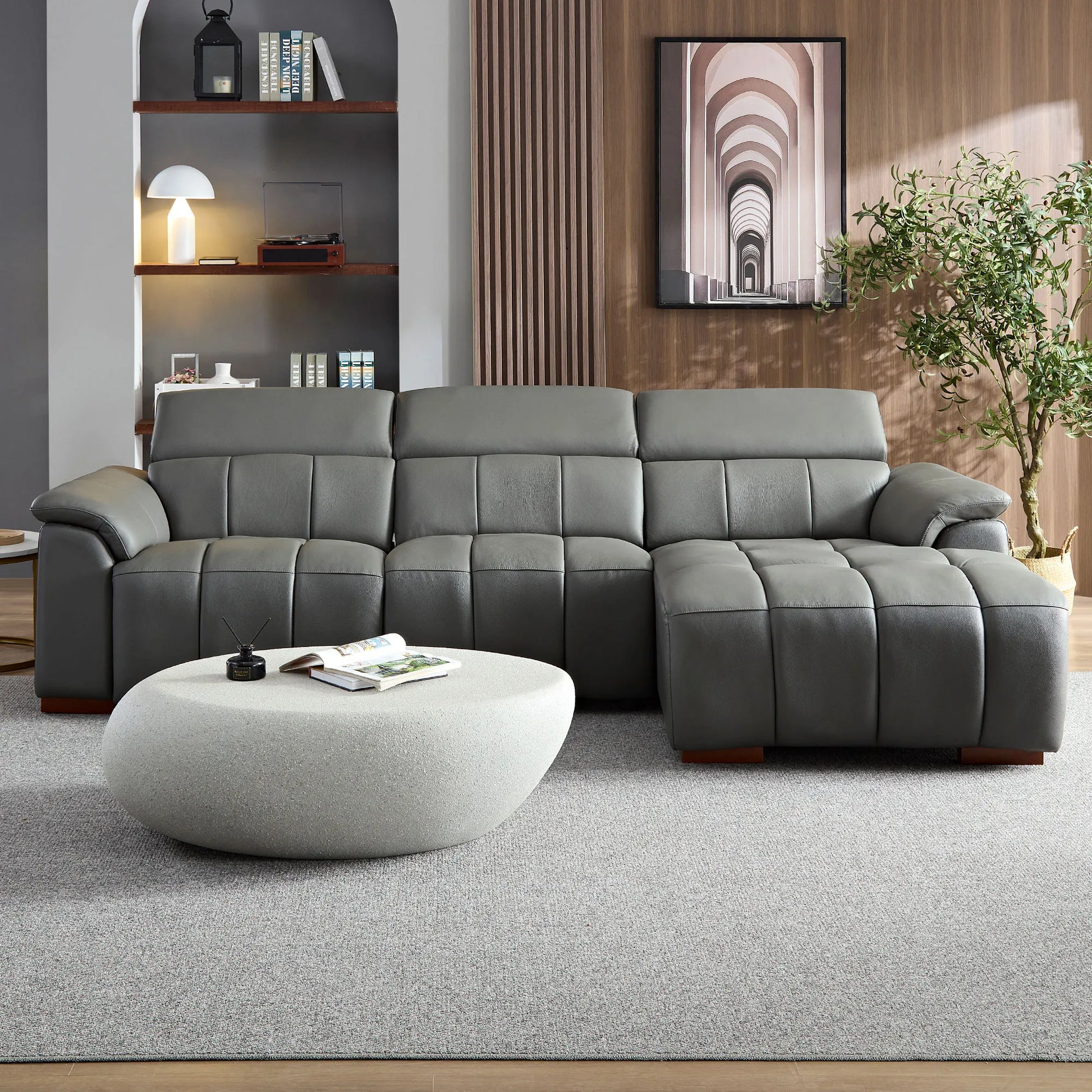 Genuine Leather Recliner Sofa, Modern Couch with Chaise, USB and Adjustable Headrest, Dark Grey