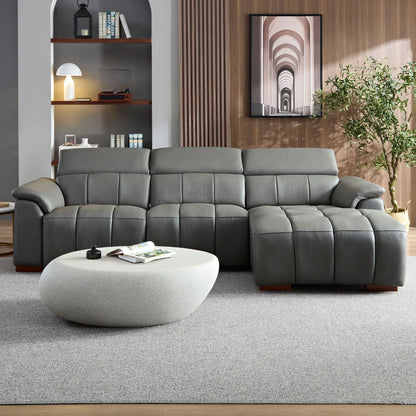 Genuine Leather Recliner Sofa, Modern Couch with Chaise, USB and Adjustable Headrest, Dark Grey