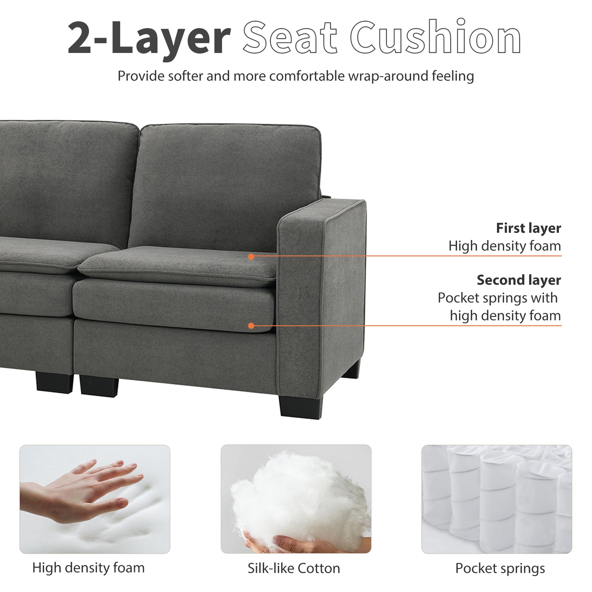 Corner Sectional Sofa, L-Shaped Comfy Couch, Gray