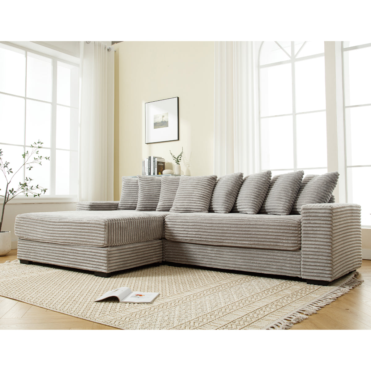 L Shaped Corduroy Couch, Plush Chaise Lounge Sofa, Gray