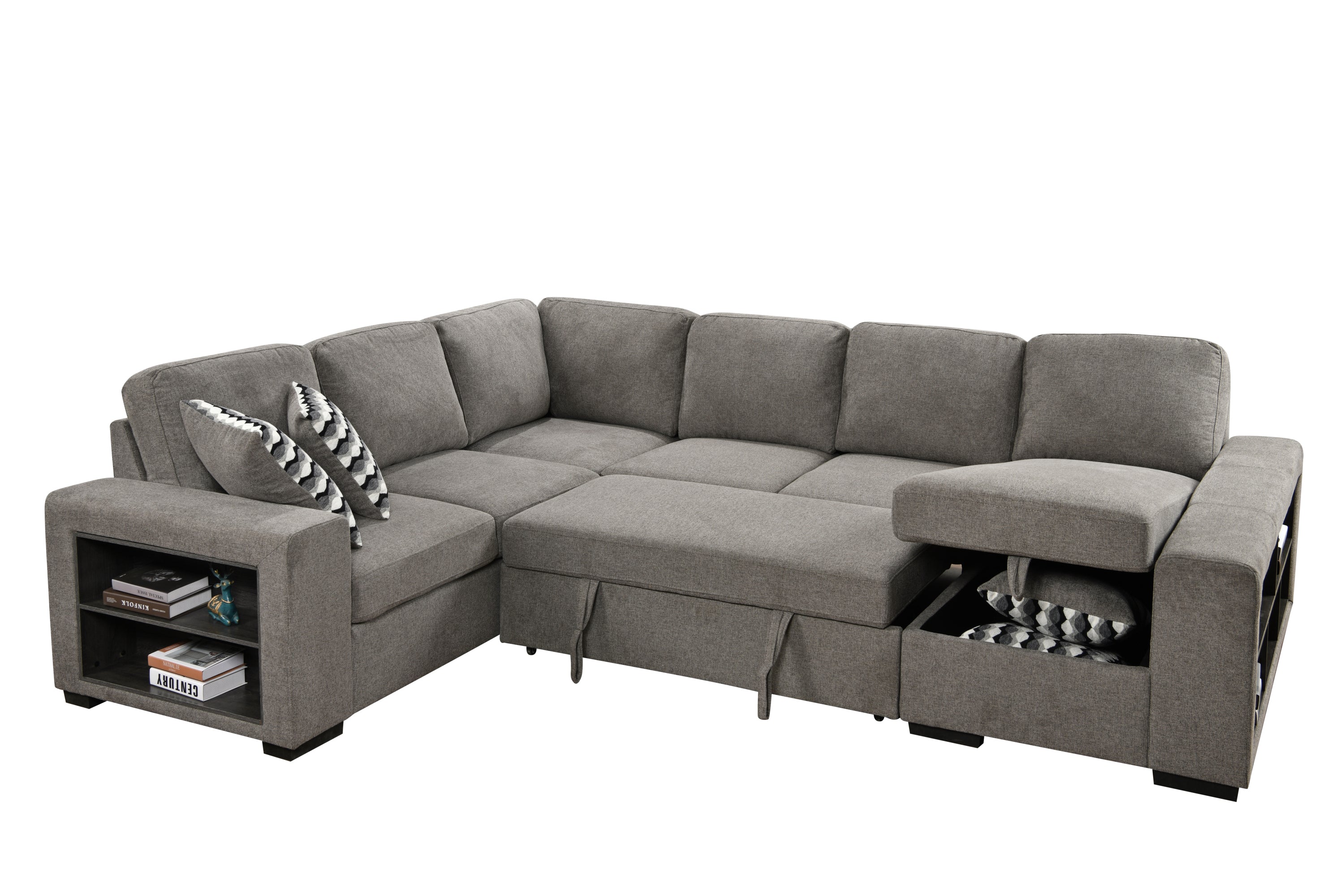 U Shaped Sectional, Sleeper Sofa with Chaise and Storage, Gray