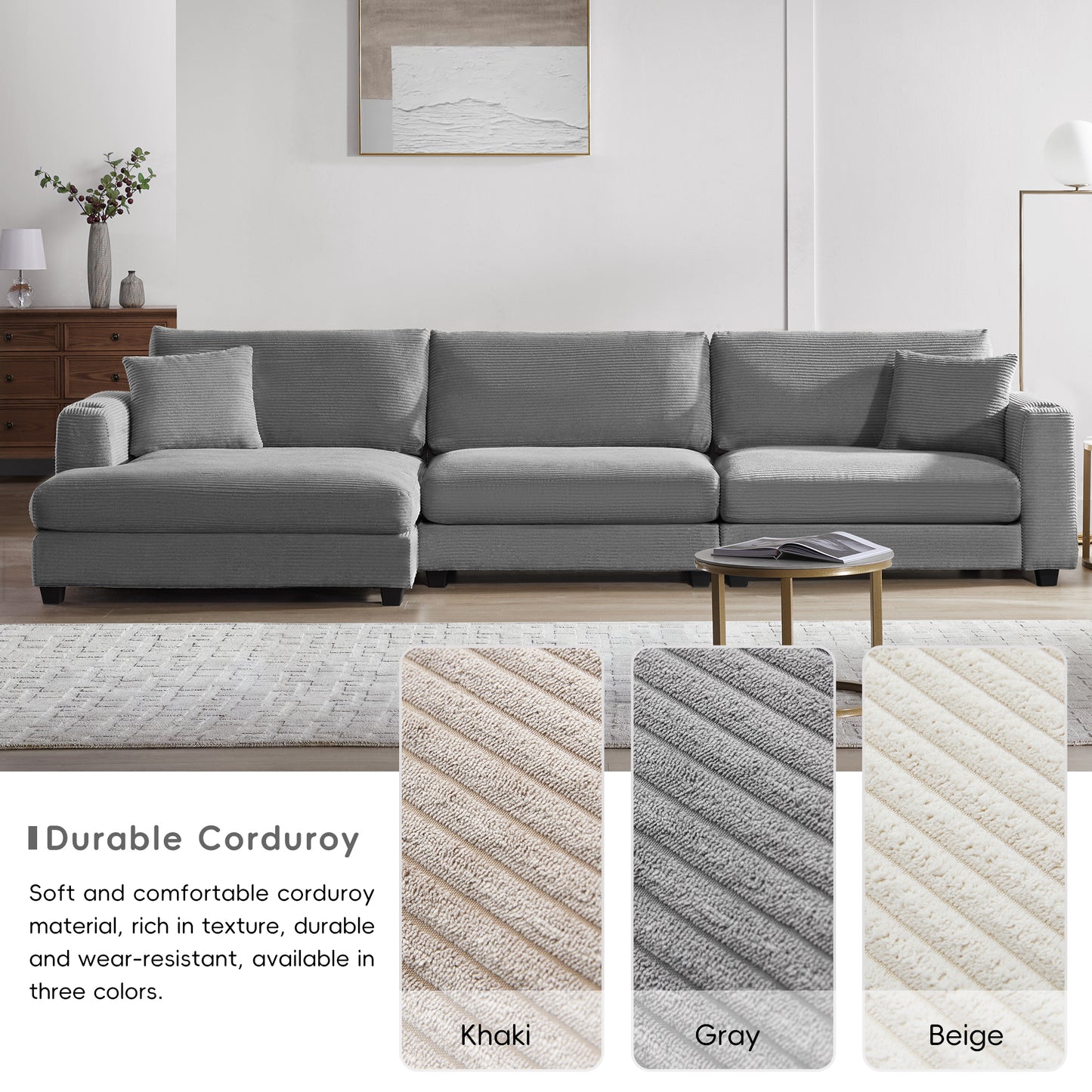 Deep Seat Corduroy Sofa, Large Sectional Couch with Chaise, Gray