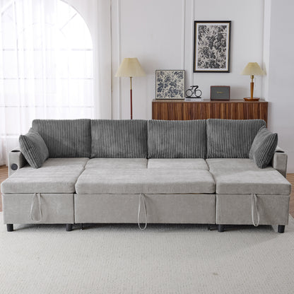 Corduroy Couch with Chaise Sleeper, Sectional Sofa Pull-Out, Grey