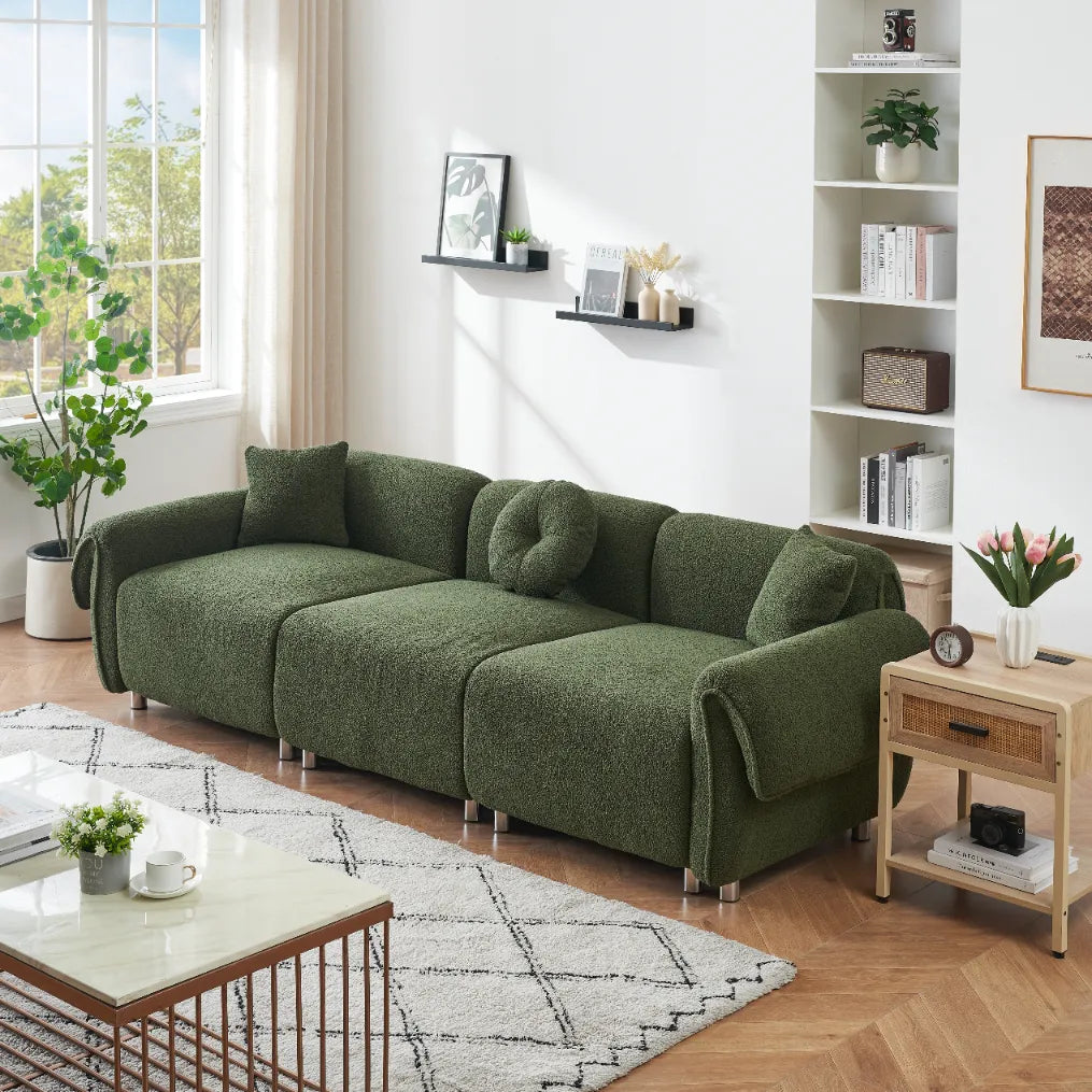 3 Seater Sofa, Plush Upholstered Teddy Velvet Couch, Green