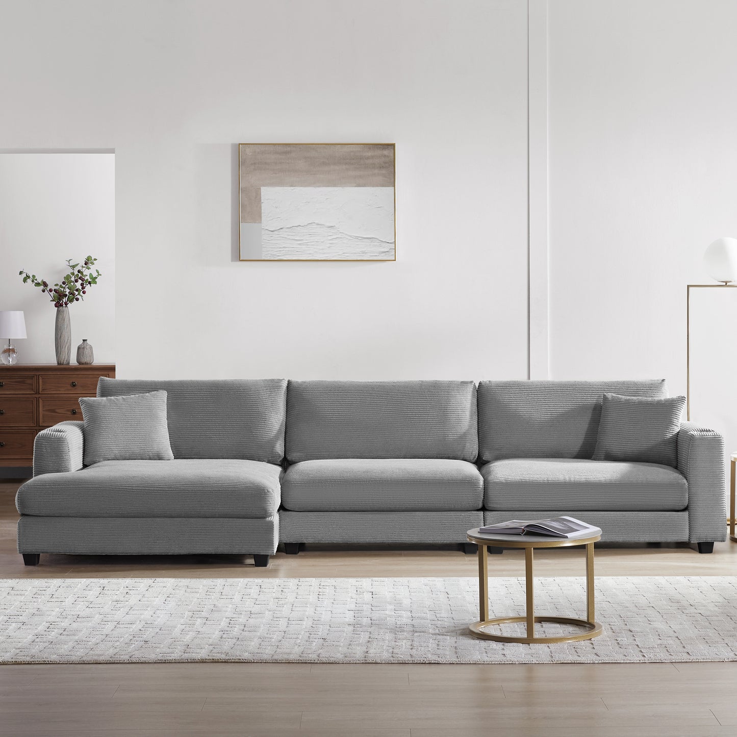 Deep Seat Corduroy Sofa, Large Sectional Couch with Chaise, Gray