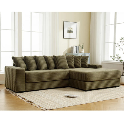 L Shaped Corduroy Couch, Plush Chaise Lounge Sofa, Green