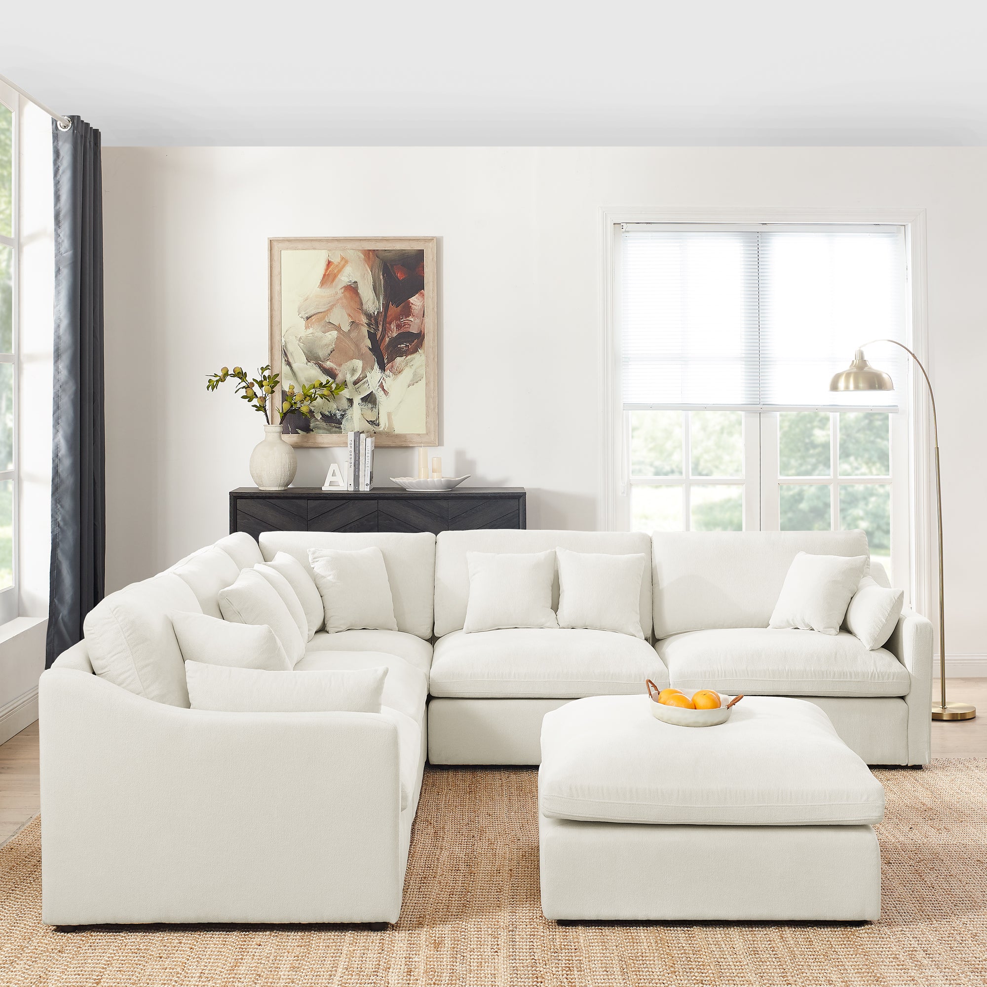 Sofa L Shape, Corner Sectional Couch with Ottoman, Beige