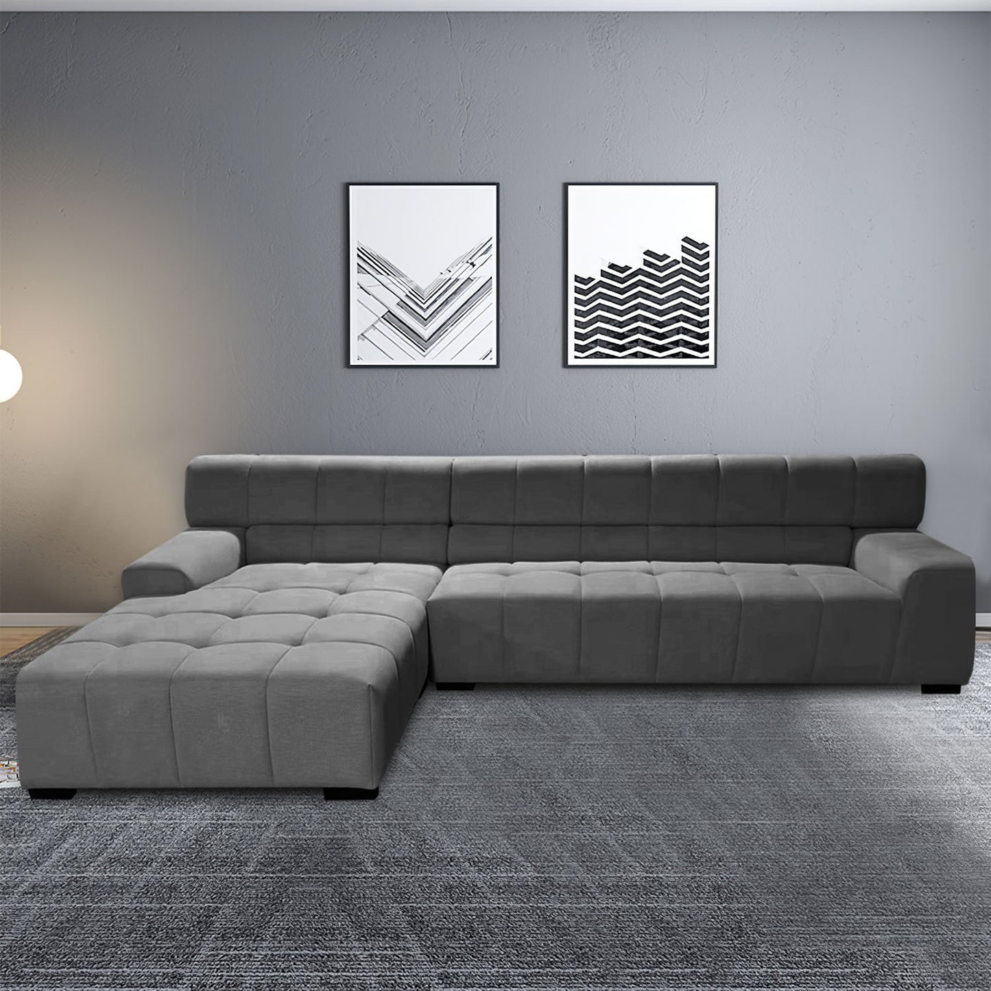 Large Sectional Couch, Sofa with Chaise Lounge - Gray