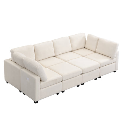 U Shaped Couch, Chenille Sectional Sofa with Ottoman, Beige