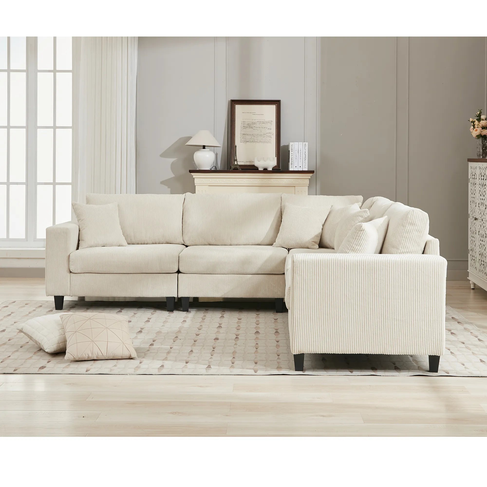 Modular Sectional Sofa, Deep Seat Corduroy Couch, Beige