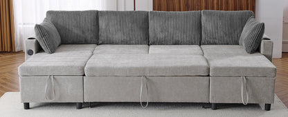 Corduroy Couch with Chaise Sleeper, Sectional Sofa Pull-Out, Grey