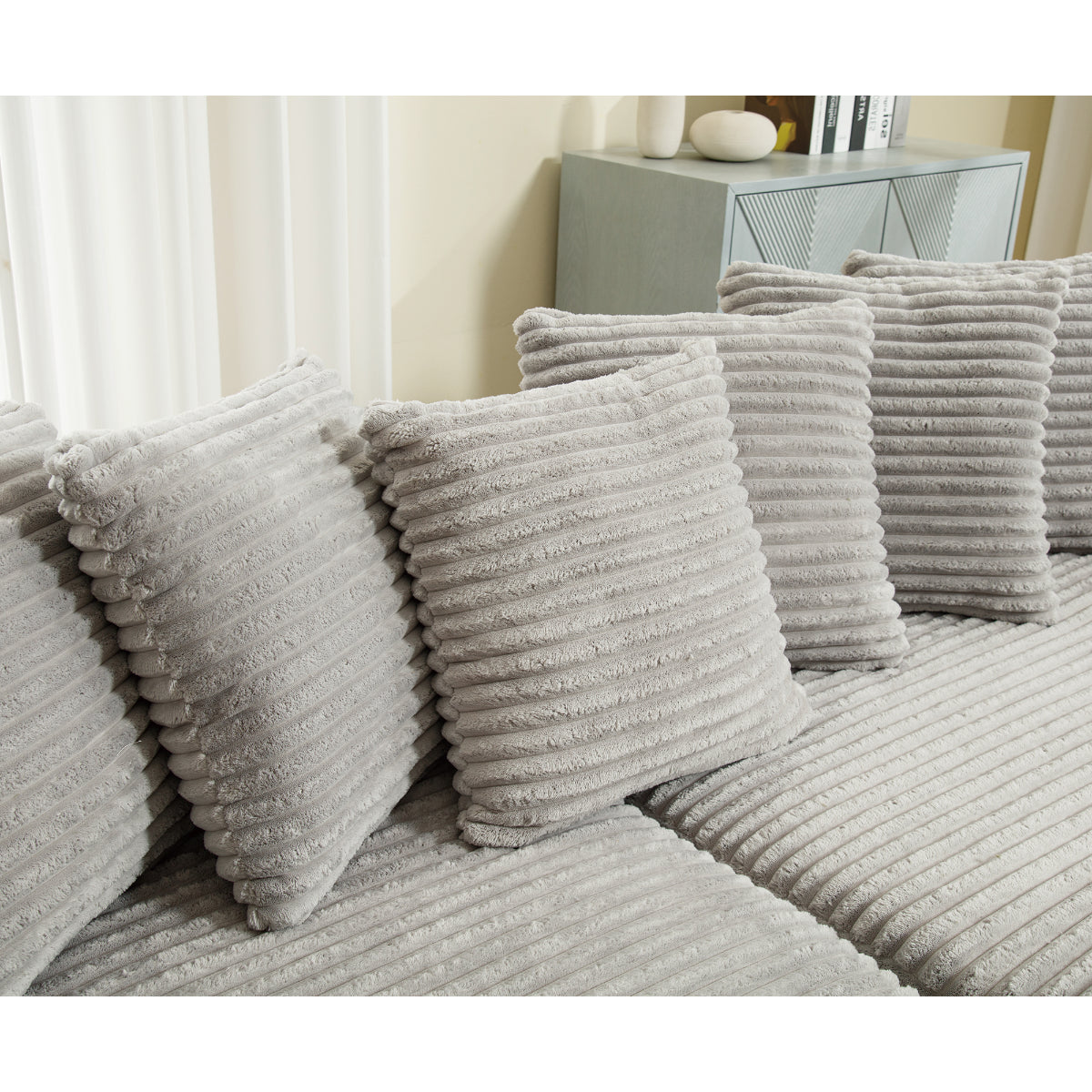 L Shaped Corduroy Couch, Plush Chaise Lounge Sofa, Gray