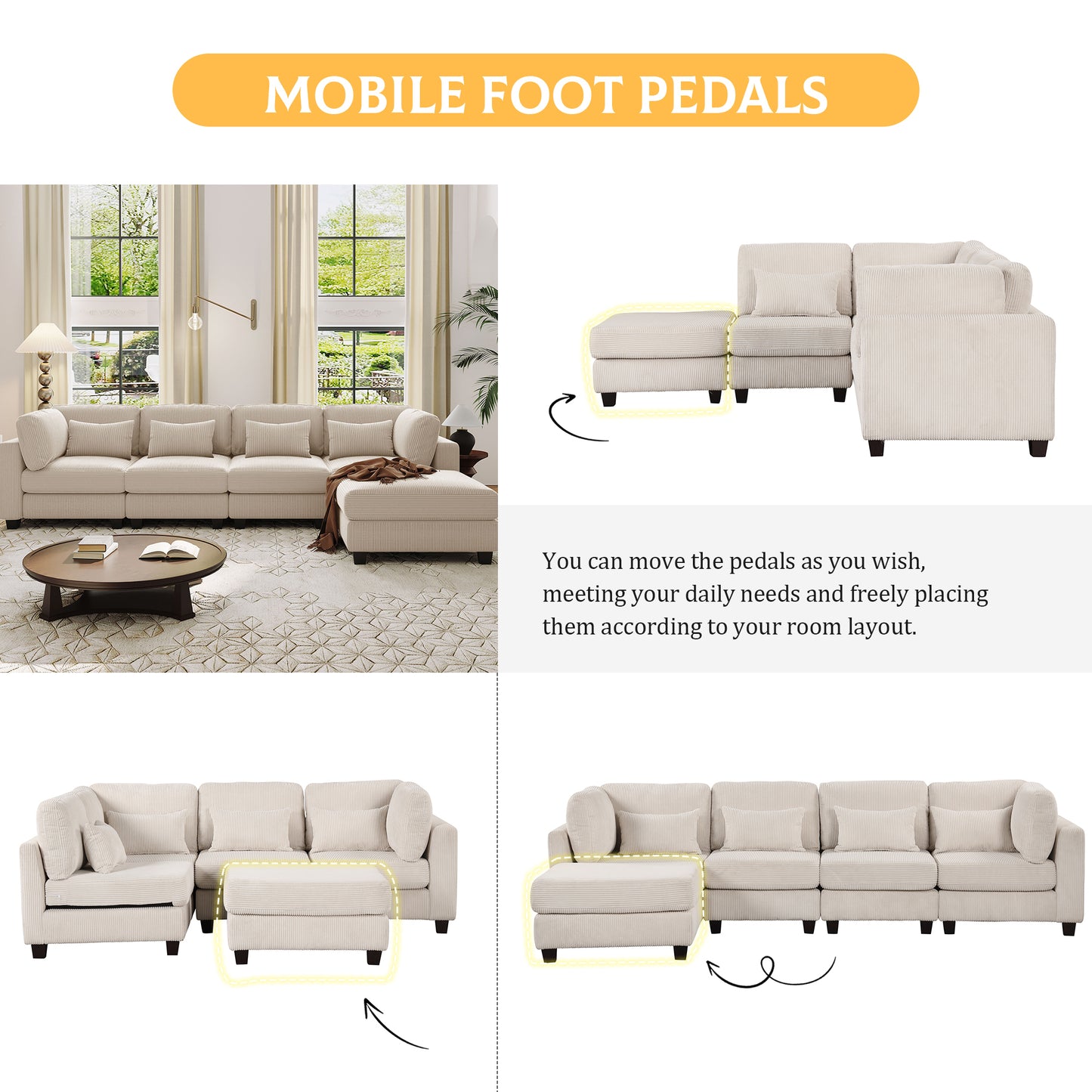 Louie Modular Sectional Sofa, Corduroy Couch with Ottoman - Beige