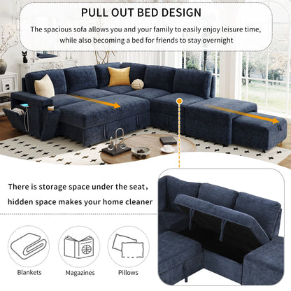 Sleeper Sectional, Sofa L Shape, Couch with Ottoman and Storage, Blue