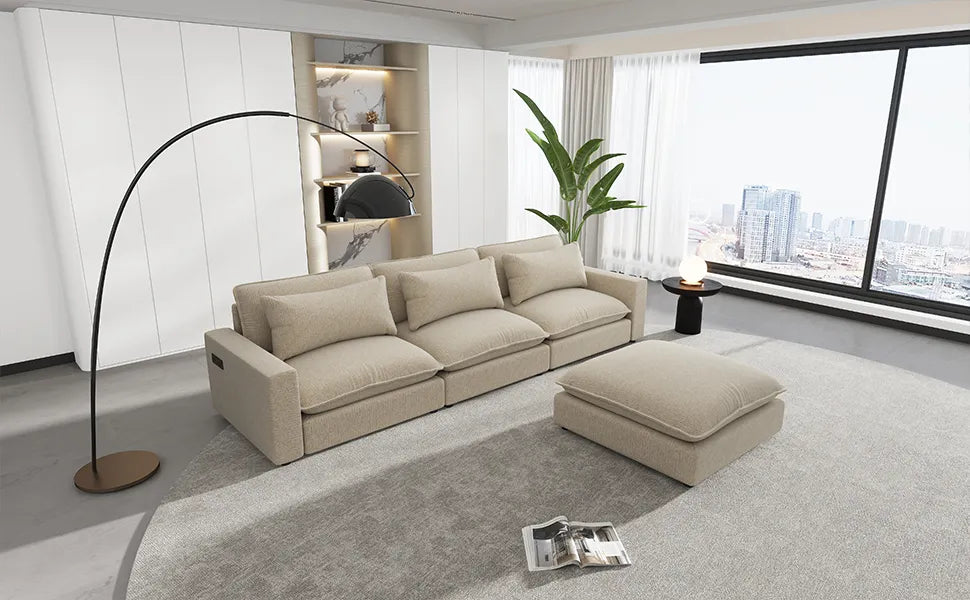 Comfy Sectional Cloud Couch, Chenille Sofa with Ottoman, Beige
