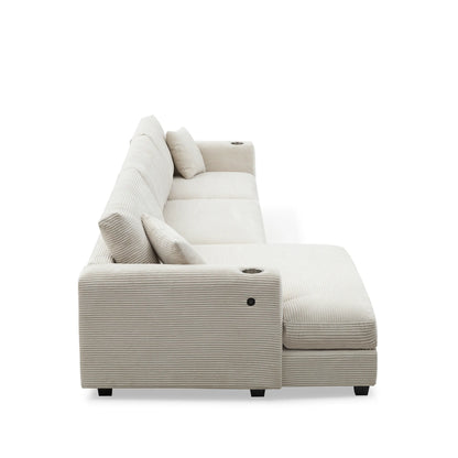 Deep Seat Corduroy Sofa, Large Sectional Couch with Chaise, Beige