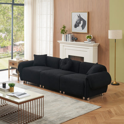 3 Seater Sofa, Plush Upholstered Teddy Velvet Couch, Black