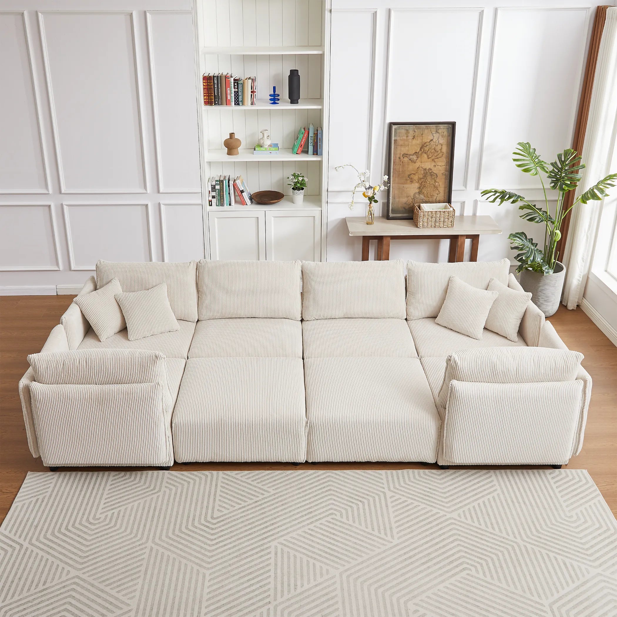 Modular U Shaped Sectional Sofa, Corduroy Couch with Ottoman - Beige