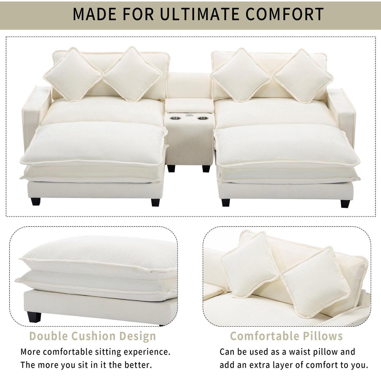 Plush Couch, Deep Seat Couch with Ottomans, Beige