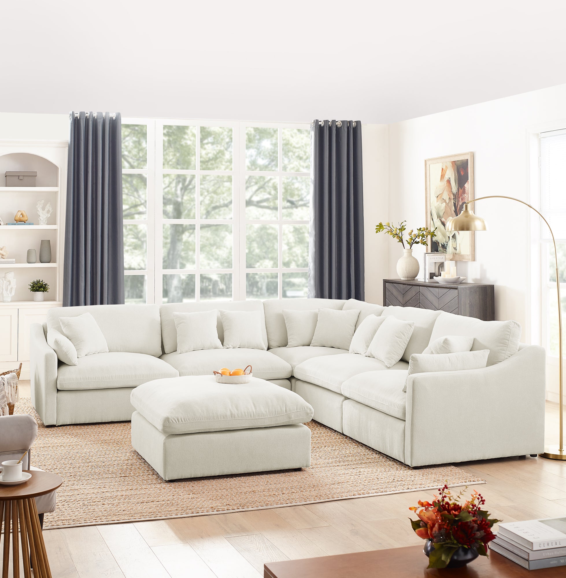 Sofa L Shape, Corner Sectional Couch with Ottoman, Beige