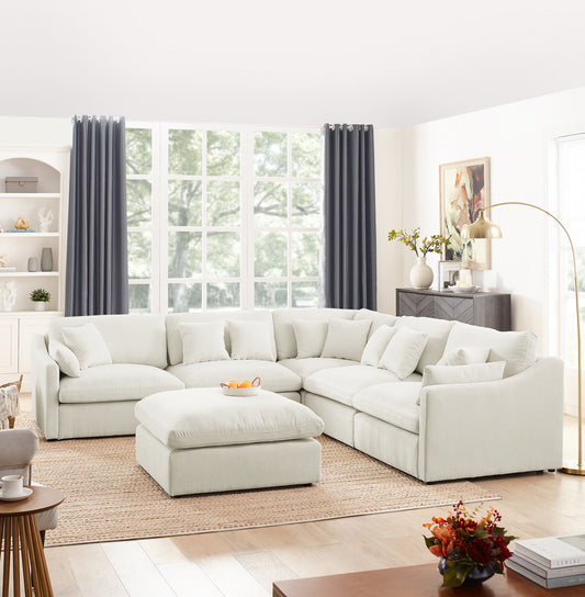 Sofa L Shape, Corner Sectional Couch with Ottoman, Beige