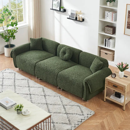 3 Seater Sofa, Plush Upholstered Teddy Velvet Couch, Green
