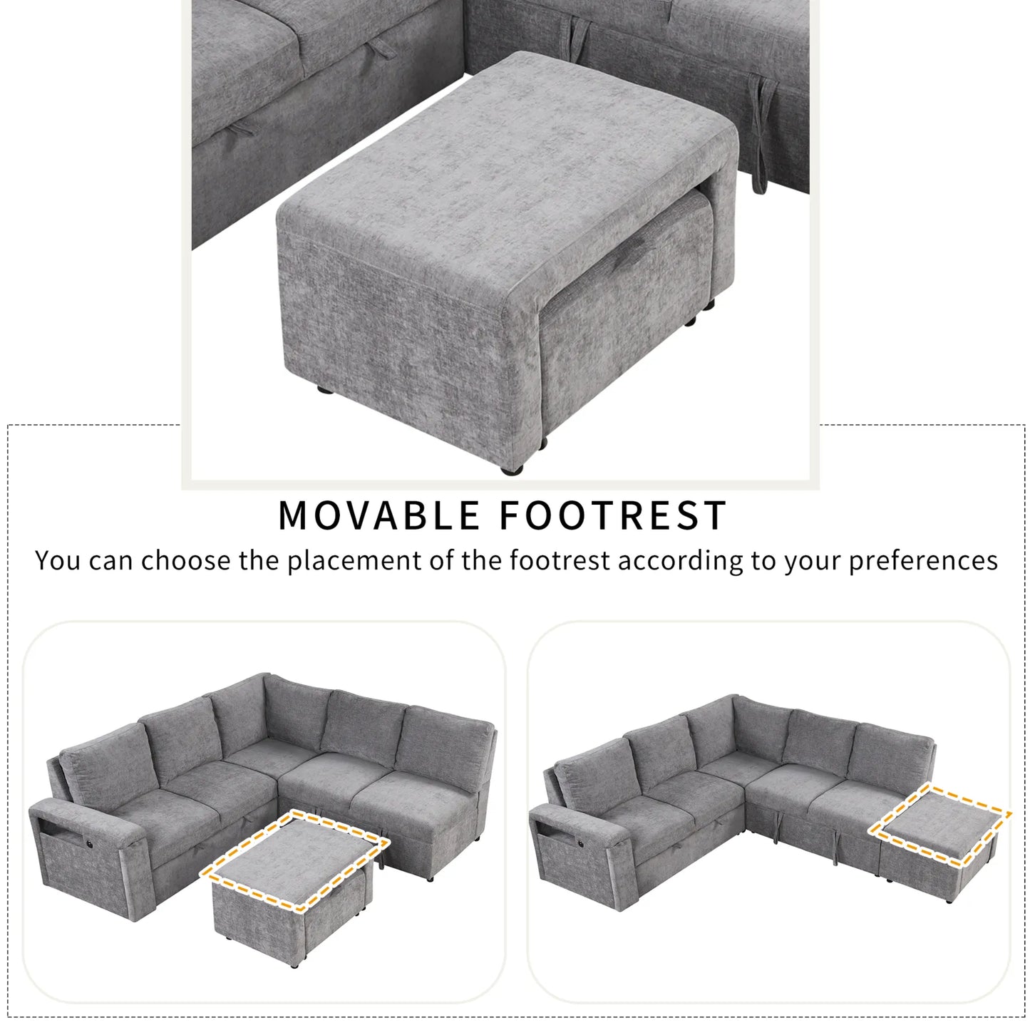 Sleeper Sectional, Sofa L Shape, Couch with Ottoman and Storage, Gray