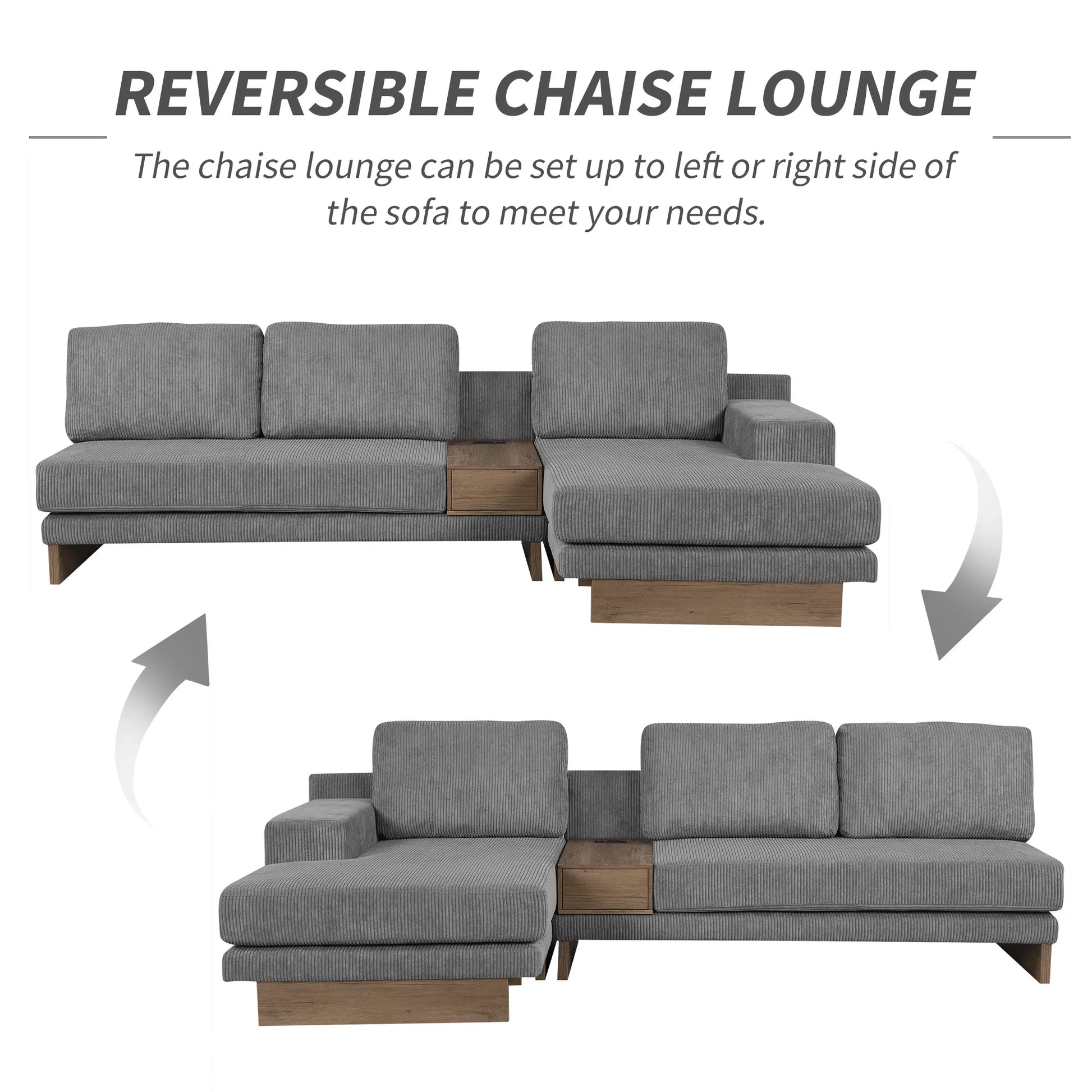 Corduroy Couch, Modern L Shaped Sectional Sofa with Reversible Chaise, Gray