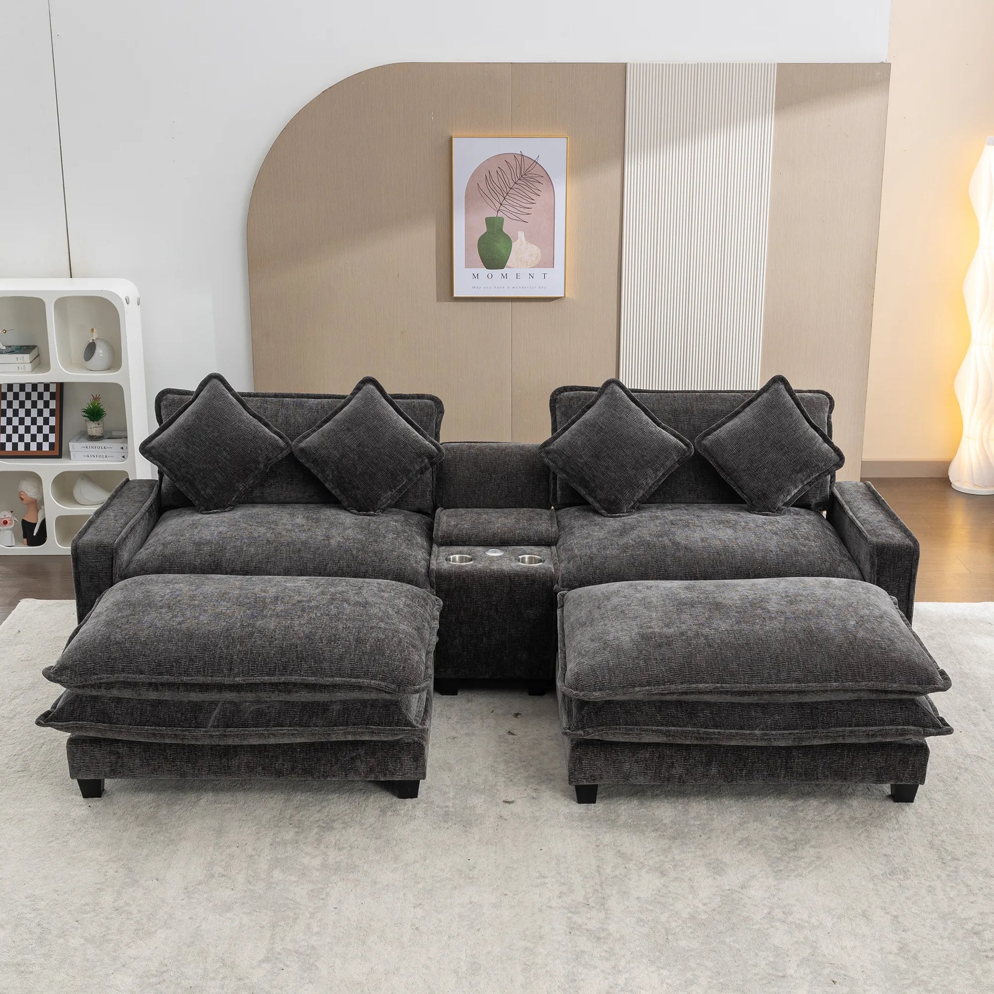 Plush Couch, Deep Seat Couch with Ottomans, Black