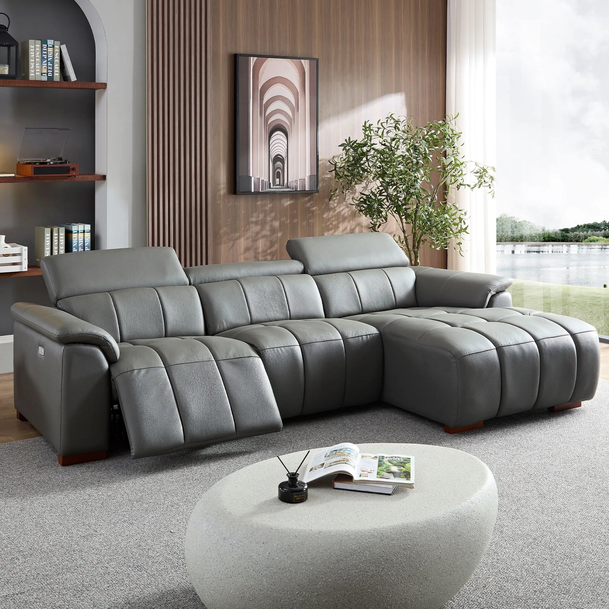 Genuine Leather Recliner Sofa, Modern Couch with Chaise, USB and Adjustable Headrest, Dark Grey