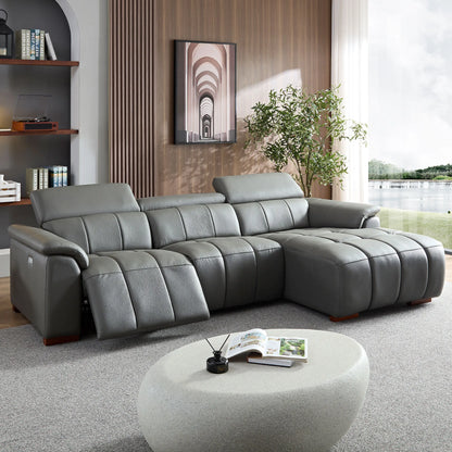 Genuine Leather Recliner Sofa, Modern Couch with Chaise, USB and Adjustable Headrest, Dark Grey