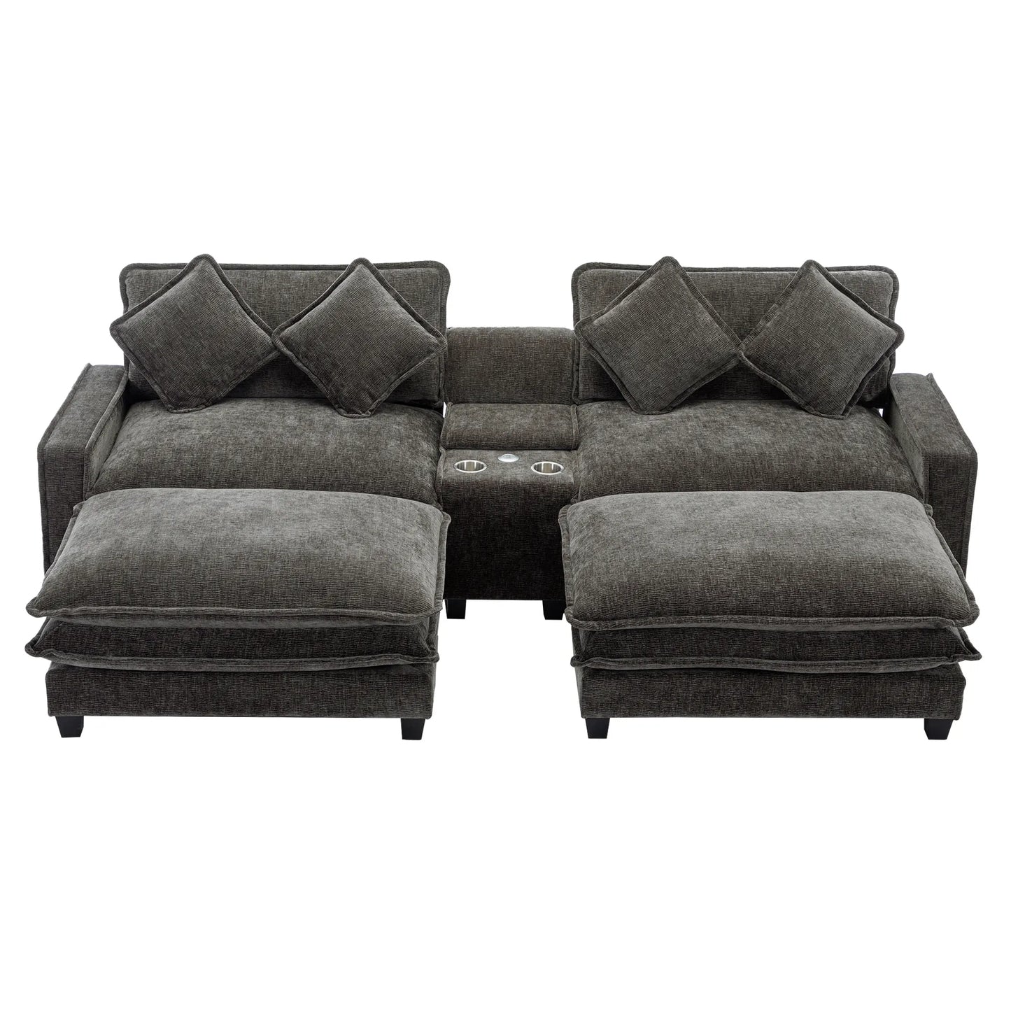 Plush Couch, Deep Seat Couch with Ottomans, Black