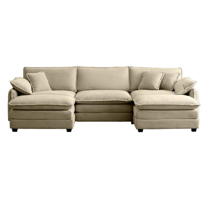 U Shape Sectional Cloud Sofa, Plush Corduroy Couch with Ottoman, Camel