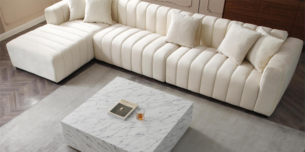 Modern Sofa Sectional, Large Velvet Couch with Left Chaise, Beige