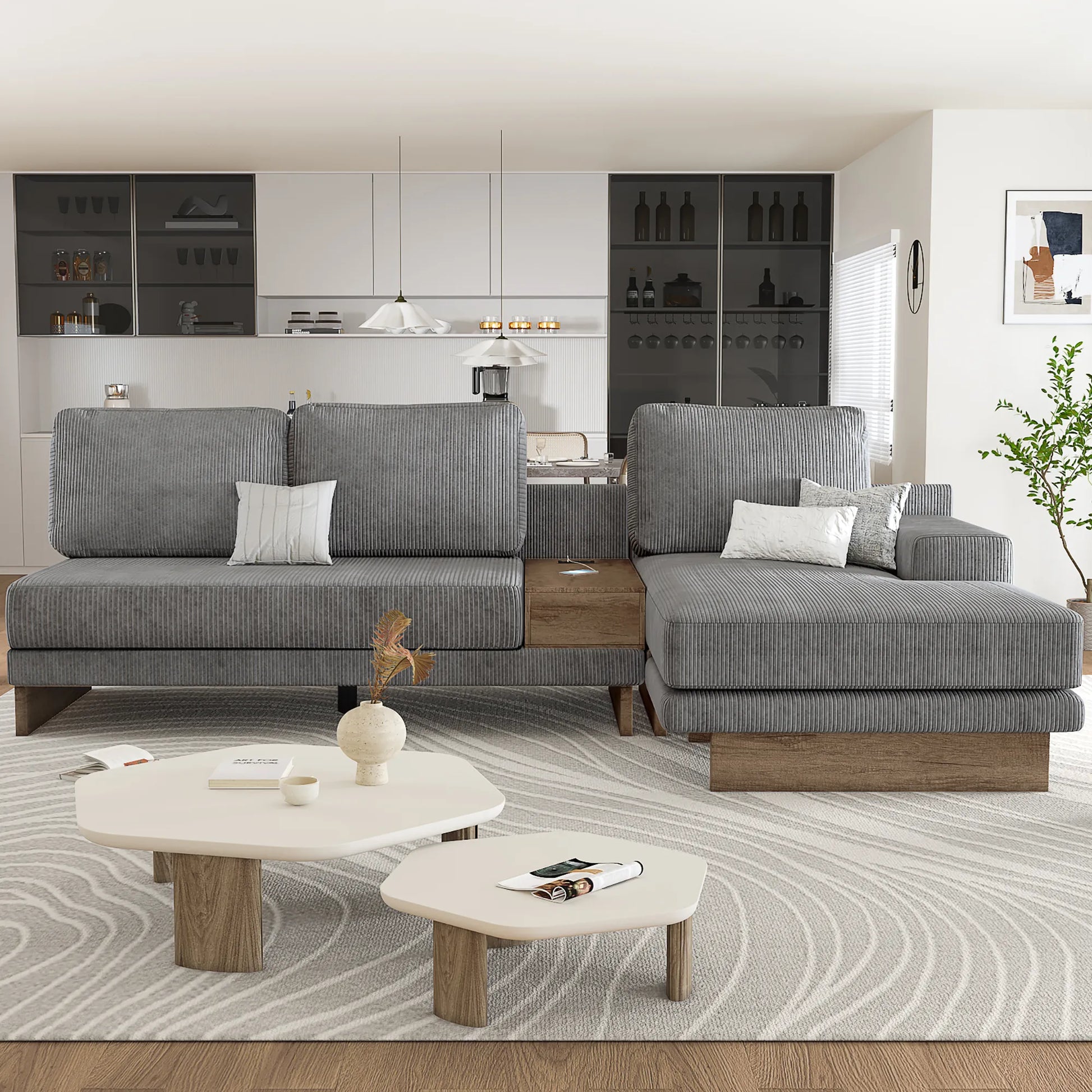 Corduroy Couch, Modern L Shaped Sectional Sofa with Reversible Chaise, Gray