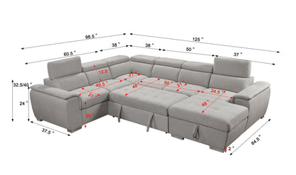 U Shaped 7-seat Sectional with Sofa Bed and Storage Chaise for Living Room - Beige, Gray