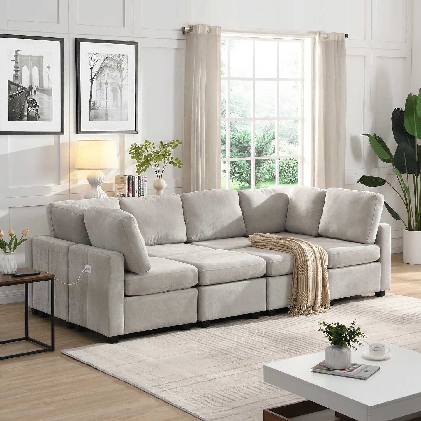 U Shaped Couch, Chenille Sectional Sofa with Ottoman, Grey