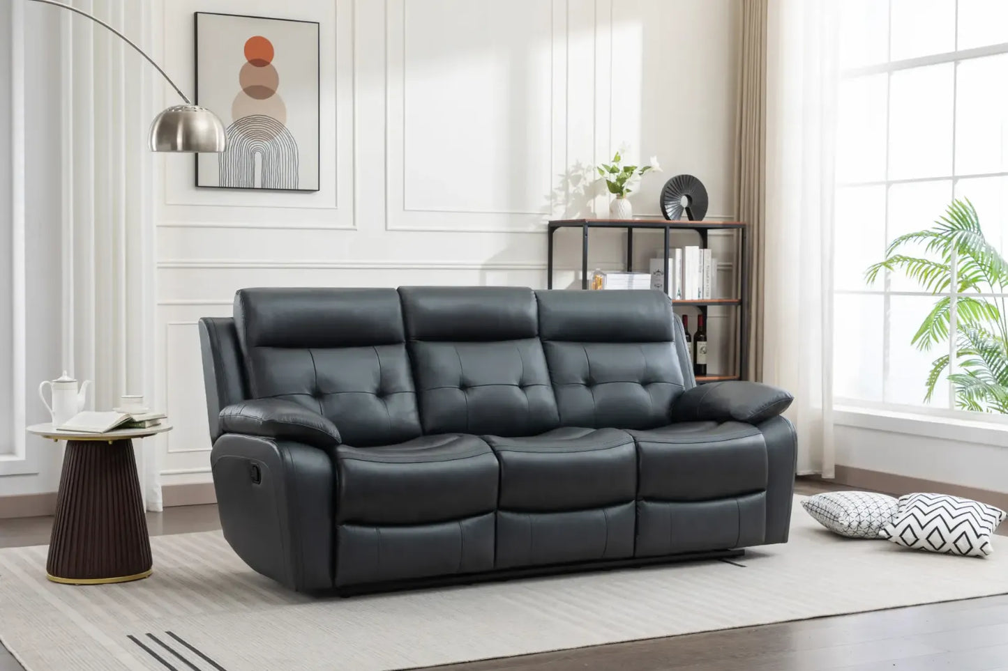 Louie Leather Reclining Sofa, Dual Manual Reclining Chairs with Table - Black