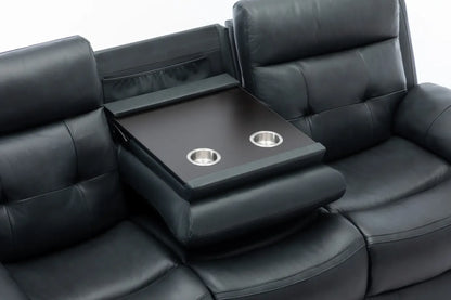 Louie Leather Reclining Sofa, Dual Manual Reclining Chairs with Table - Black