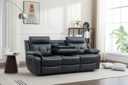 Louie Leather Reclining Sofa, Dual Manual Reclining Chairs with Table - Black