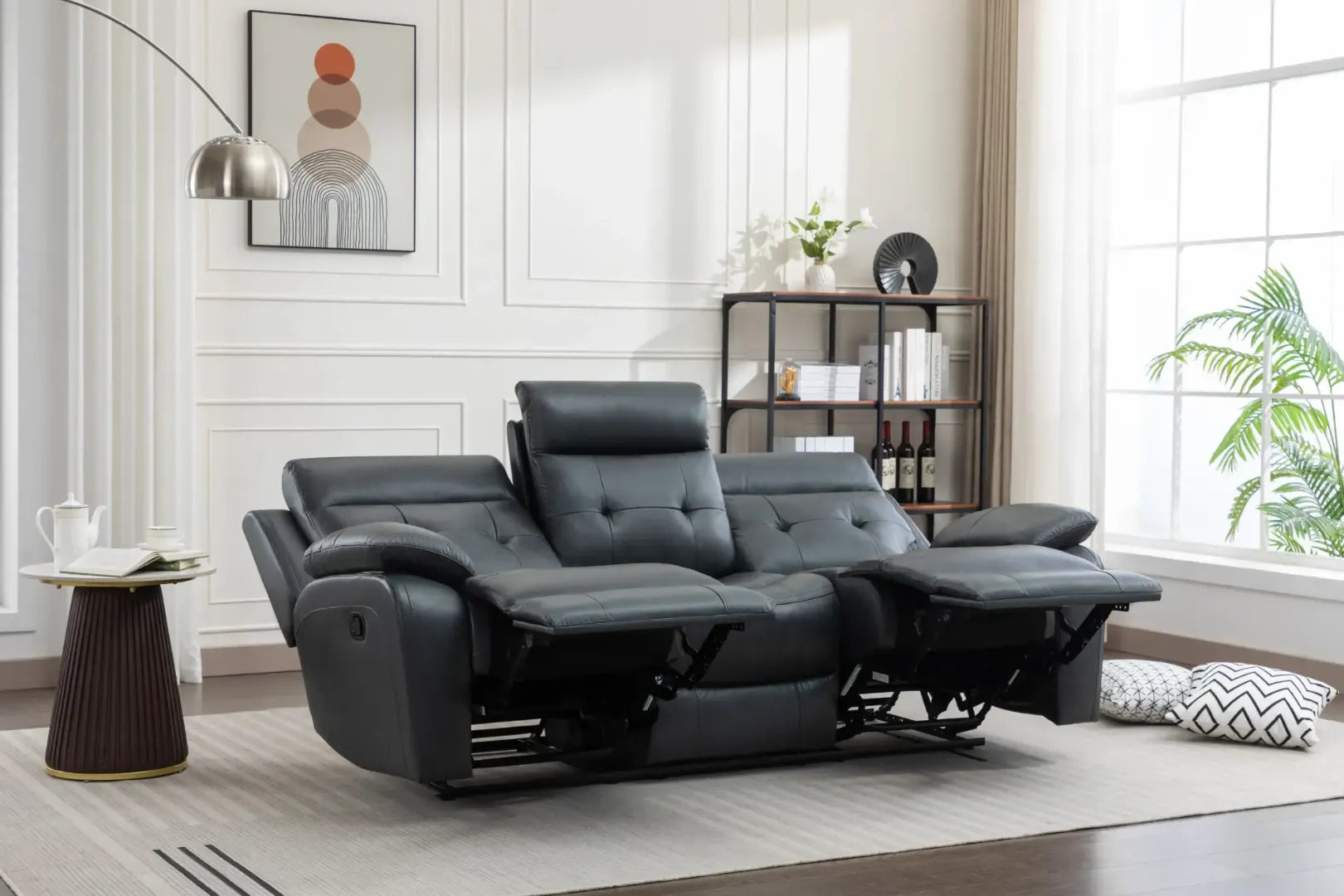 Louie Leather Reclining Sofa, Dual Manual Reclining Chairs with Table - Black