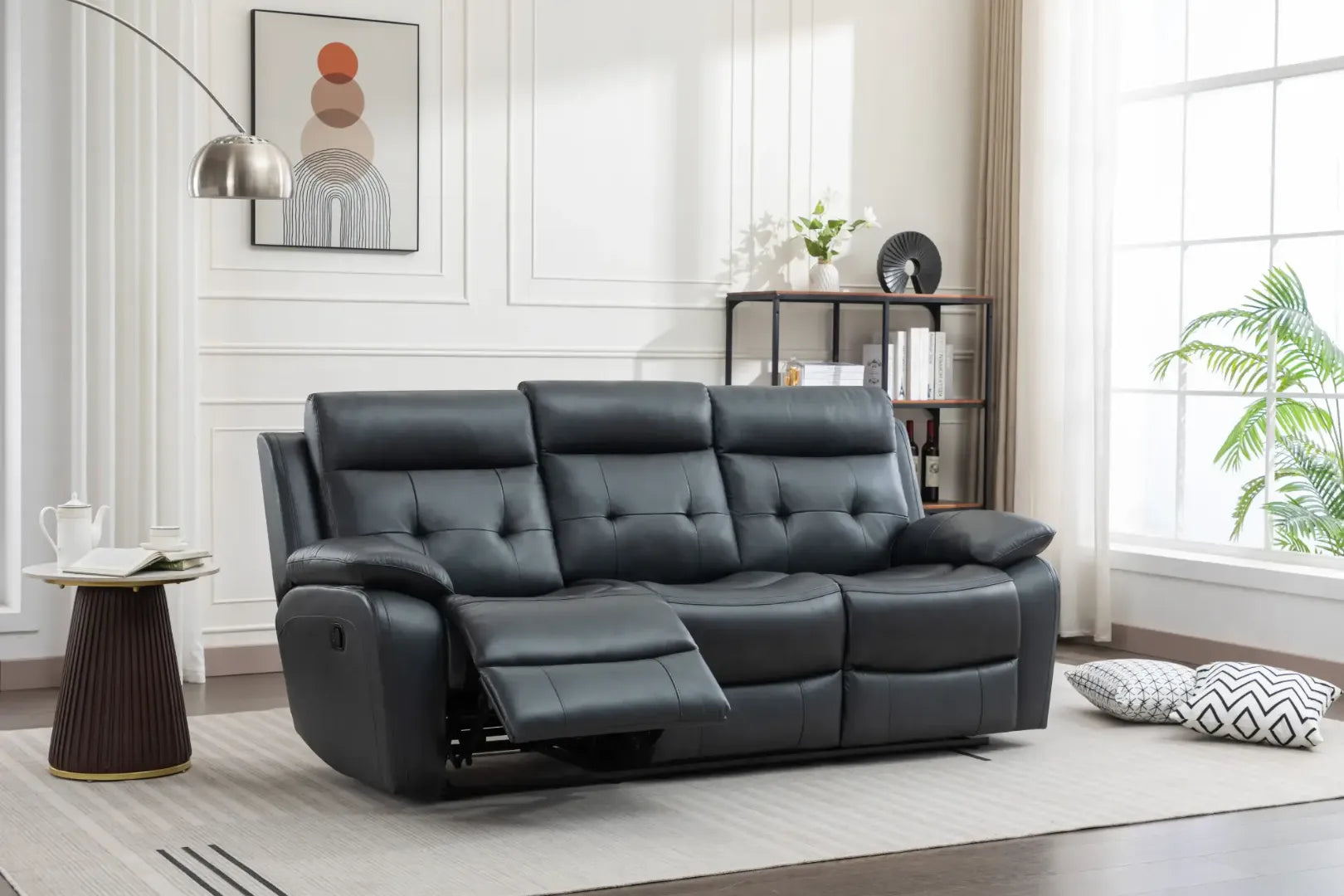 Louie Leather Reclining Sofa, Dual Manual Reclining Chairs with Table - Black